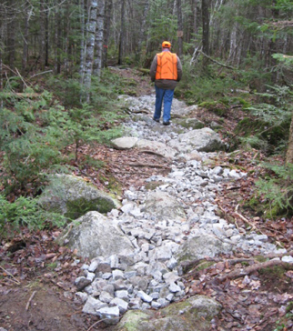 Photo of trail worker walking on new rock placed on trail